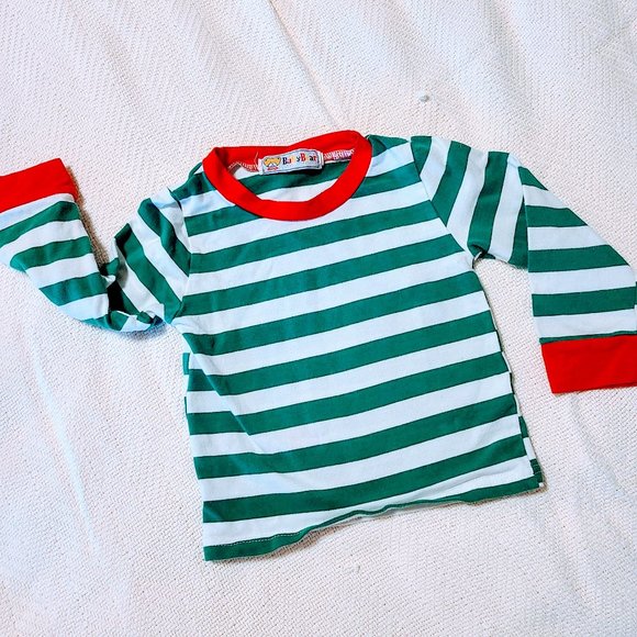 Kids Green/White Longsleeve Shirt with Red Hems - Picture 1 of 3